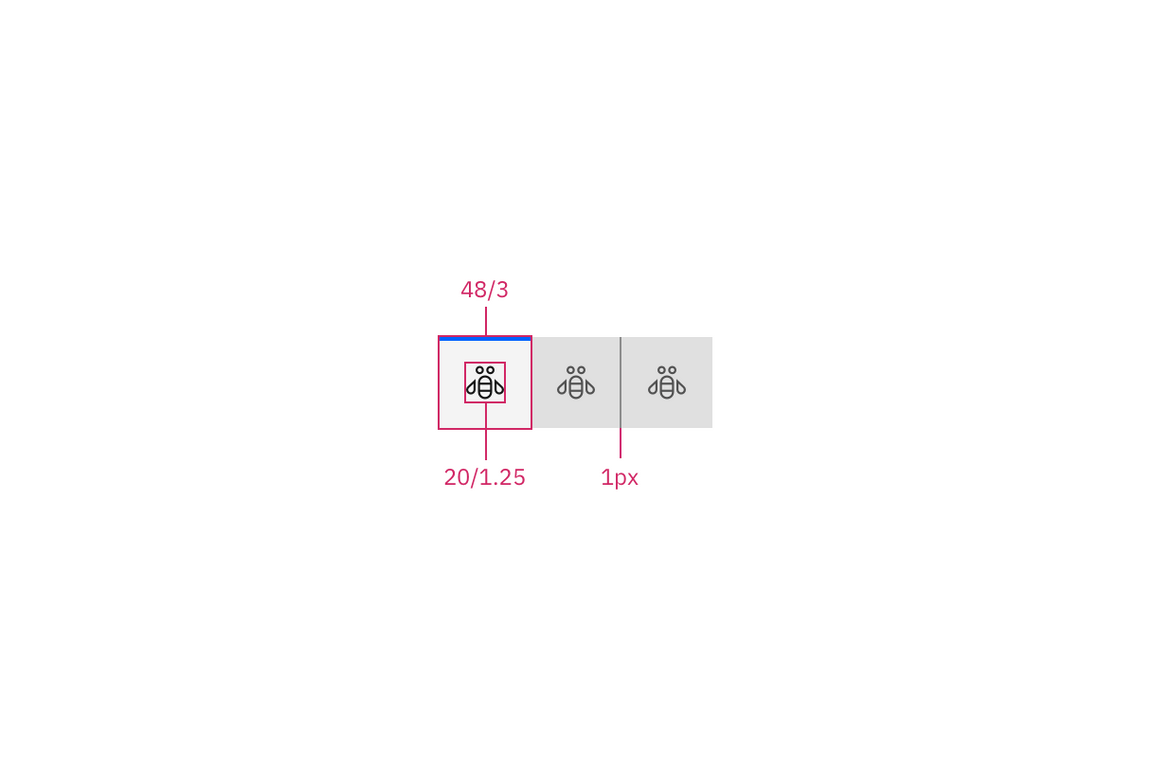 Structure and spacing measurements for icon-only contained tabs in px and
  rem